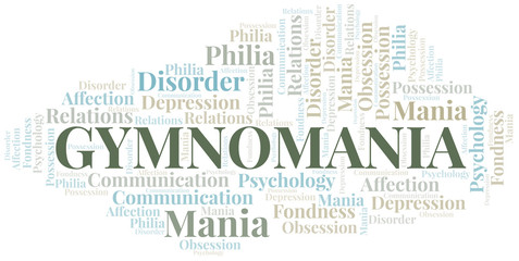 Gymnomania word cloud. Type of mania, made with text only.