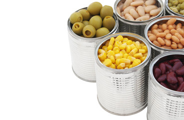 Canned green peas, beans, corn, olives and mushrooms in tin cans with space for text