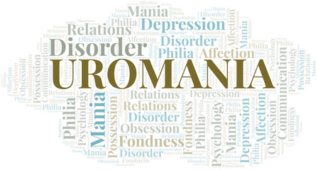 Uromania word cloud. Type of mania, made with text only.