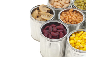  Preserved green peas, beans, corn, olives and mushrooms in tin cans with space for text