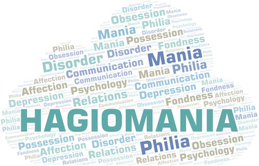 Hagiomania word cloud. Type of mania, made with text only.