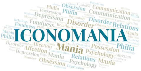 Iconomania word cloud. Type of mania, made with text only.