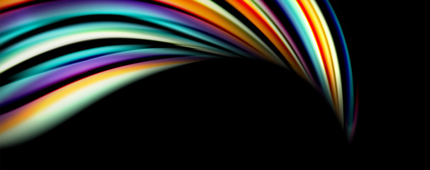 Fluid color rainbow style wave abstract background, techno modern design on black