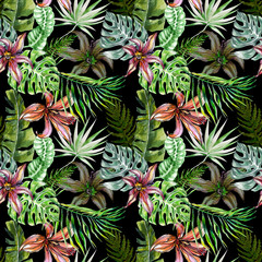 watercolor tropical flowers and leaves on black seamless background for use in design, textiles, Wallpaper, wrapping paper, postcards and invitations