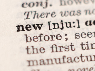 Dictionary definition of word new, selective focus.