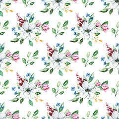 Fototapeta na wymiar Watercolor flower seamless pattern. Repeat texture, wallpaper. Hand drawing vintage gardening background. 