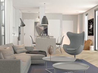3d render. Moder style furnished living room interior.