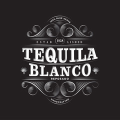 Tequila Blanco Logo. Tequila Blanco label. Premium Packaging Design. Lettering Composition and Curlicues Decorative Elements. Baroque Style. - obrazy, fototapety, plakaty
