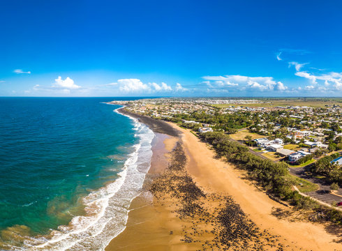 Aerial drone view of Bargara beach and surroundings, Queensland, Australia