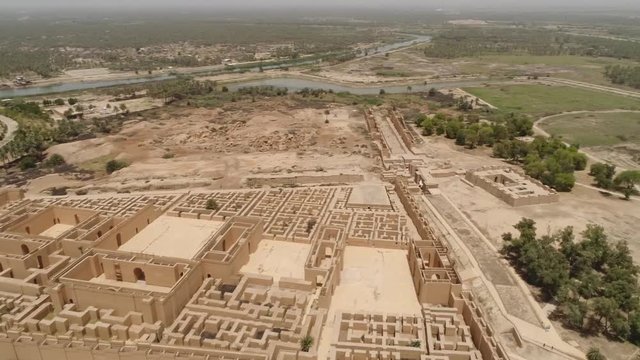 Drone shot of the ancient city of Babylon in Iraq