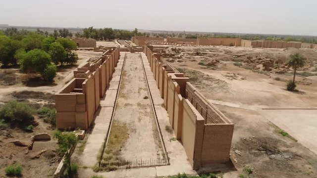 Drone shot of the ancient city of Babylon in Iraq