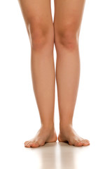 Front view of female barefoot legs on white background