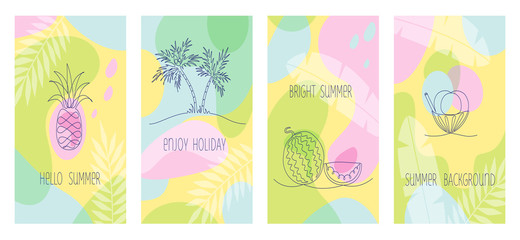vector digital set of some bright summer posters with one line illustrations. Different artistic techniques.