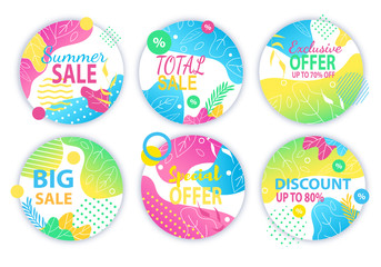 Summer Sales Round Cards Set with Abstract Design