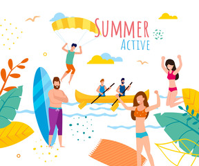 Active Summer Banner with Tourists Rest on Beach