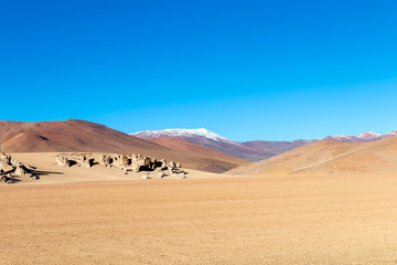 Fototapeta na wymiar Unique landscape of the Siloli Desert with Stone Tree Arbol de Piedra in the valley of rocks, Bolivia