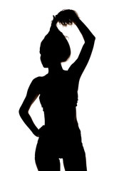 Sihouette on white of young woman holds her ponytail