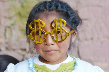 Sad native american girl wearing glasses in form of dollar.