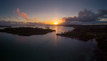 Obraz premium Drone view of sunset over Efate Island, Vanuatu, near Port Vila