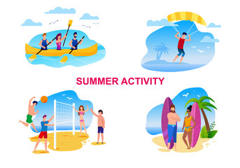 Summer Activity Cartoon Set with Resting People