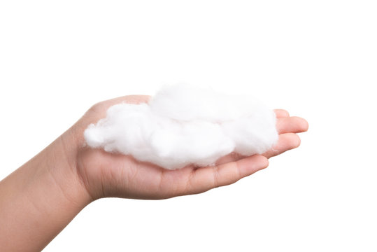 Girl Hand Hold Cotton Wool Isolate On White Background