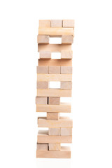 Close up blocks wood game on white background.