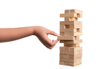 Close up blocks wood game on white background.