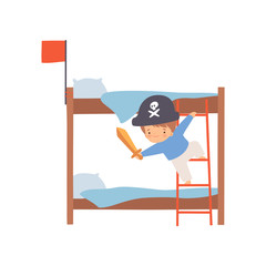 Creative Pirate Boy Character Playing Ship Made of Bunk Bed Cartoon Vector Illustration