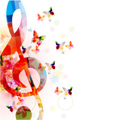 Music background with colorful G-clef and butterflies vector illustration design. Artistic music festival poster, live concert events, party flyer, music notes signs and symbols
