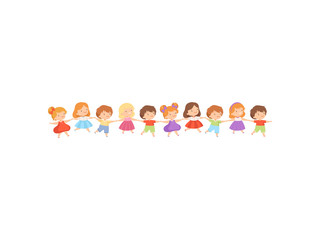 Kids Standing in Row Holding Hands, Cute Little Happy Boys and Girls Playing Together Cartoon Vector Illustration
