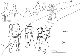Group of four tourists with hiking sticks and backpacks. Abstract isolated contour. Hand drawn outlines. Black line drawing. Vector silhouette.
