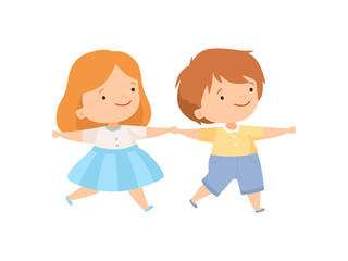 Cute Happy Boy and Girl Holding Hands, Couple of Adorable Kids Having Fun Together Cartoon Vector Illustration
