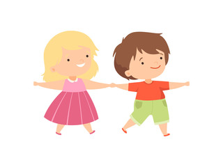 Cute Happy Boy and Girl Holding Hands, Cute Happy Kids Having Fun Cartoon Vector Illustration