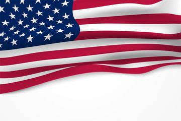 Vector illustration with waving american flag isolated on light background. Template with  close-up of flag of United States for design of flyers and banners. With place for text.
