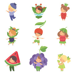 Cute Little Kids Wearing Berries Costumes Set, Adorable Boys and Girls Cartoon Characters in Carnival Clothes Vector Illustration