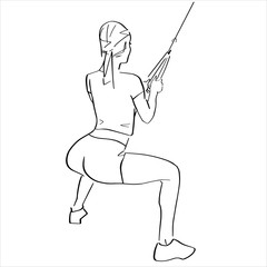 Sporty woman has a weight training or strength exercise. View from the back. Fitness concept hand drawn silhouette. Abstract isolated contour. Vector outlines. Black lines drawing.