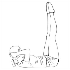 Sporty woman pumps the abdominals. ABC exercise. Fitness concept hand drawn silhouette. Abstract isolated contour. Vector outlines. Black lines drawing.