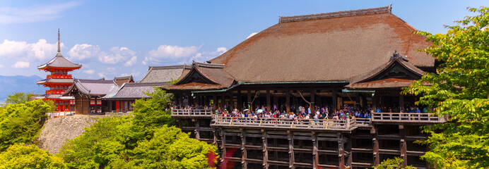KYOTO, JAPAN - APRIL 23 , 2016: Tourists on the veranda of Kiyomizudera temple.. - 274385256