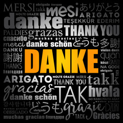 Danke (Thank You in German) word cloud background in different languages