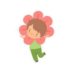 Cute Little Boy Wearing Flower Costume, Adorable Kid Cartoon Character in Carnival Clothes Vector Illustration