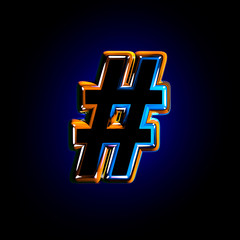Dark shine glass font - number sign isolated on dark background, 3D illustration of symbols