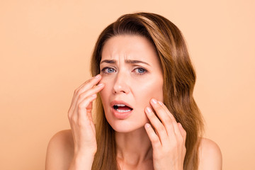 Close up photo beautiful amazing mature she her lady crying oh no facial expression hold hands arms...