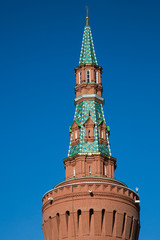 View of the Beklemishevskaya tower of the Moscow Kremlin on a clear Sunny day. Moscow attractions of World tourism.