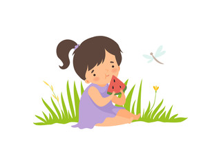 Cute Happy Girl Sitting on Green Meadow and Eating Watermelon, Adorable Little Kid Cartoon Character Playing Outside Vector Illustration