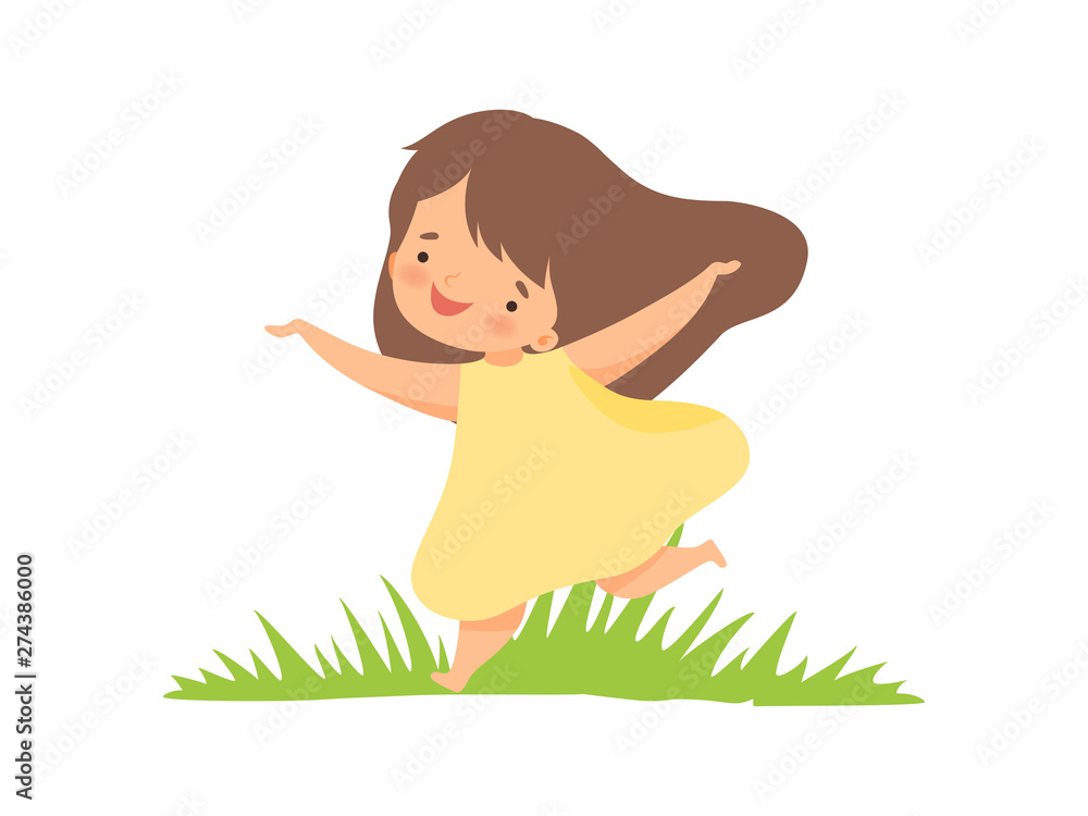 Sticker Cute Happy Girl in Yellow Dress Running on Green Meadow, Adorable Little Kid Cartoon Character Playing Outside Vector Illustration