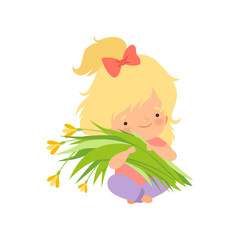 Lovely Blonde Little Girl with Bouquet of Meadow Flowers, Adorable Little Kid Cartoon Character Vector Illustration