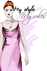 Beautiful young women in a pink dress. Hand drawn fashion girl. Fashion model posing. Sketch. Vector illustration.