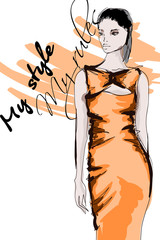 Beautiful young women in a orange dress. Hand drawn fashion girl. Fashion model posing. Sketch. Vector illustration.