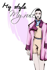 Beautiful young women  in a pink jacket. Hand drawn fashion girl. Fashion model posing. Sketch. Vector illustration.