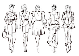 Fashion models sketch hand drawn , stylized silhouettes isolated.Vector fashion illustration set.